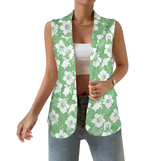 White hibiscus flowers with Dhari, Shark, turtle, and stingray (Green) on Women Sleeveless Suit Vest