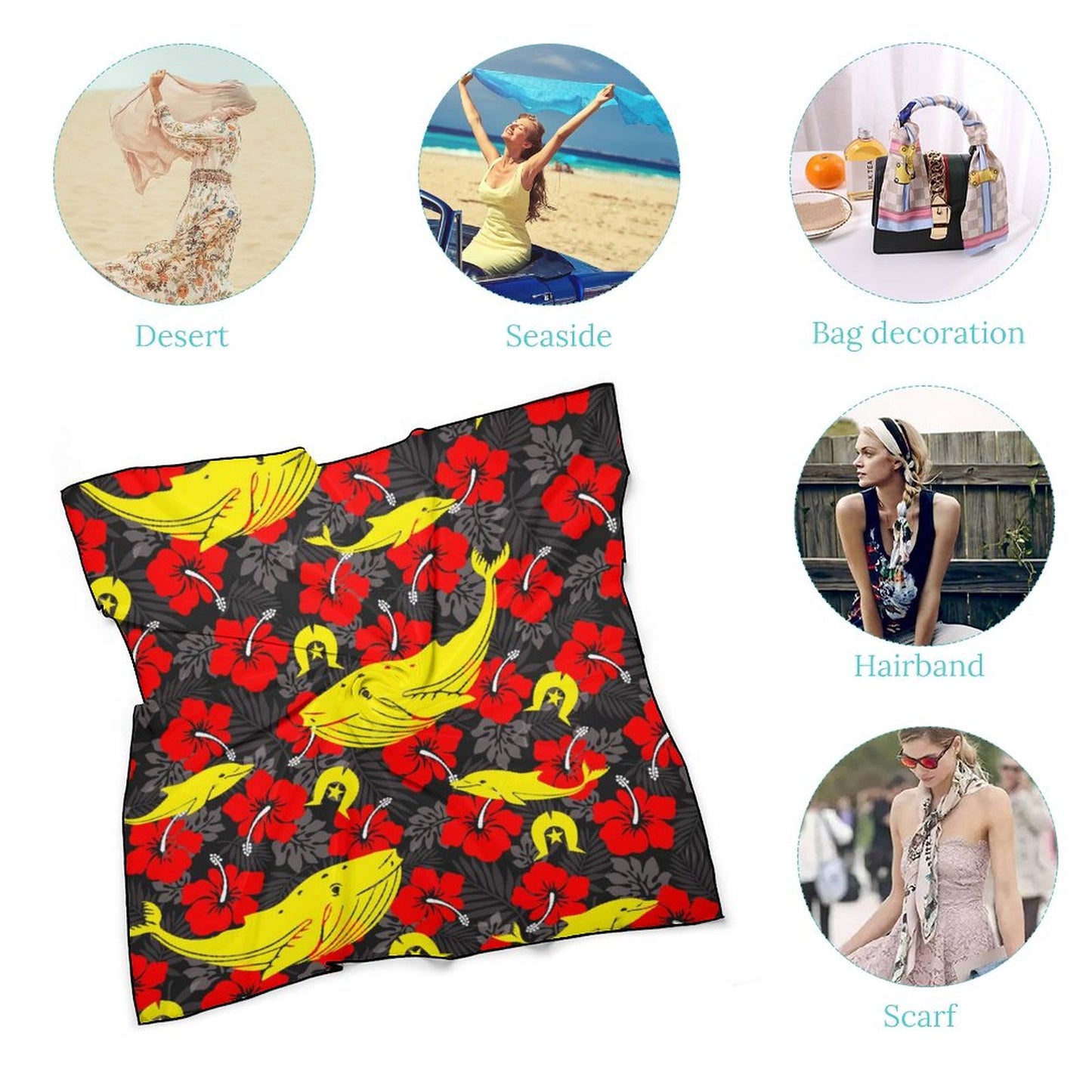 Royal Red Hibiscus with Yellow Dhari, Whale and Dolphin on Women's Scarf