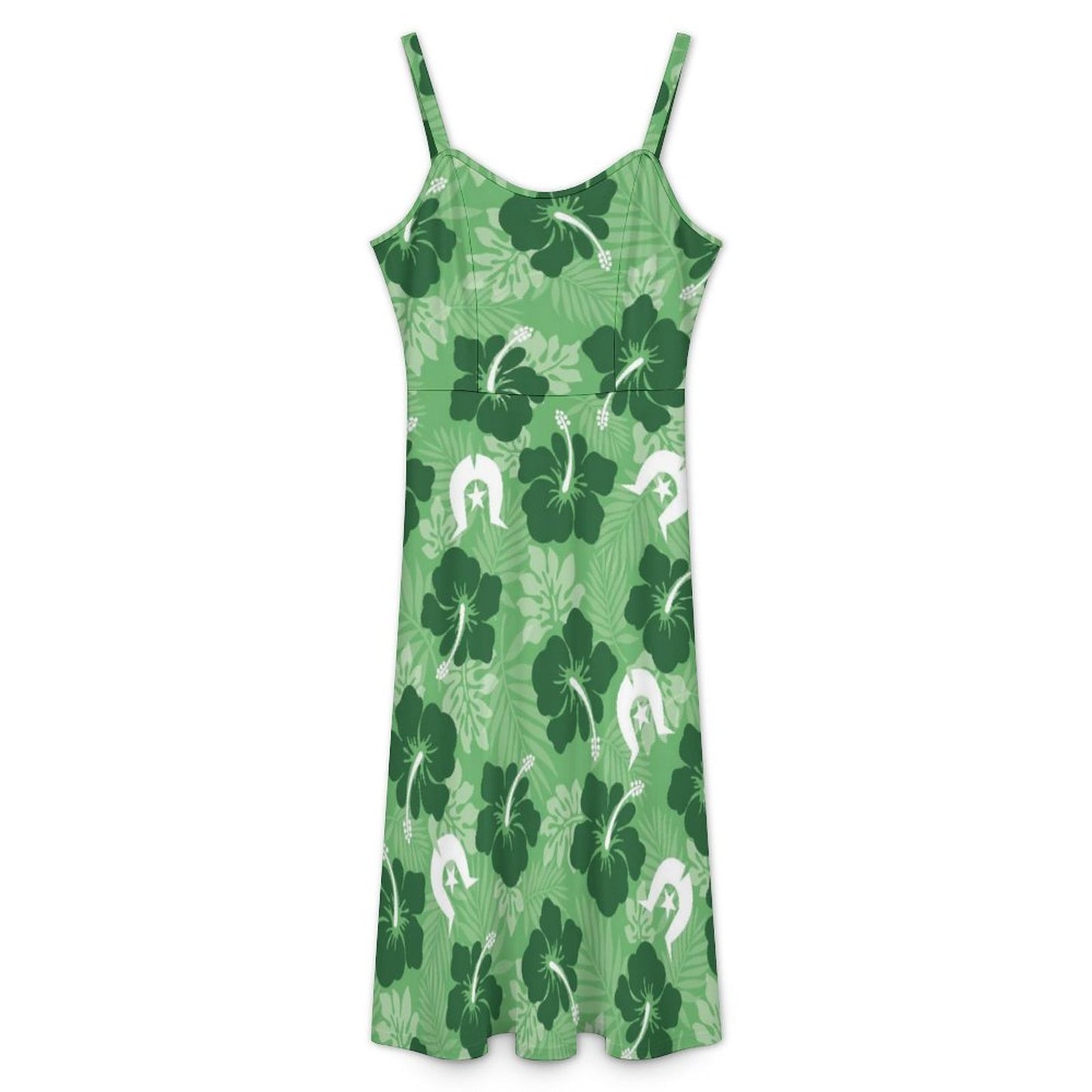 Hibiscus flowers with White Dhari (Sea Grass Green) on Midi Spaghetti Strap Dress