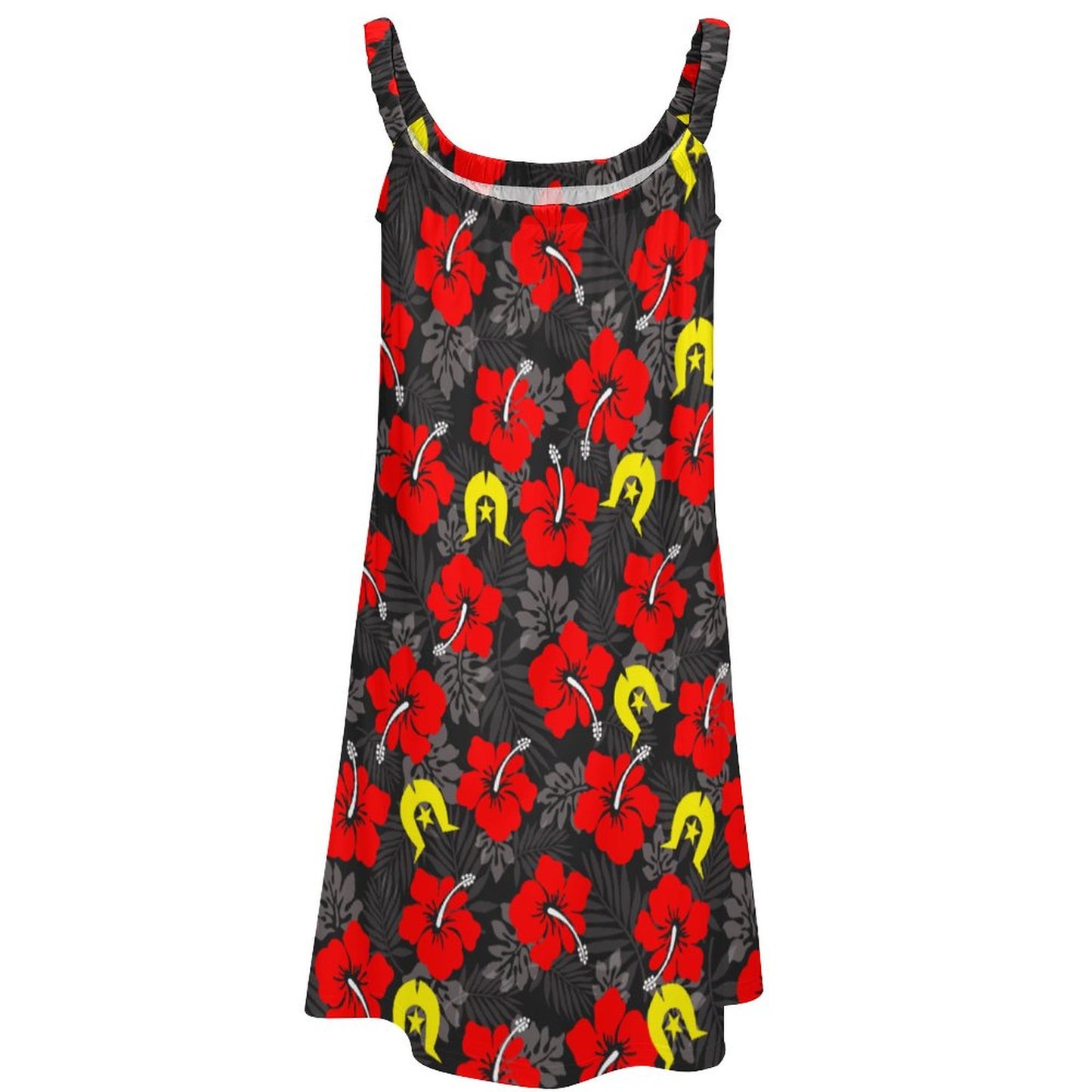 Royal Red Hibiscus with Yellow Dhari on Sleeveless Dress