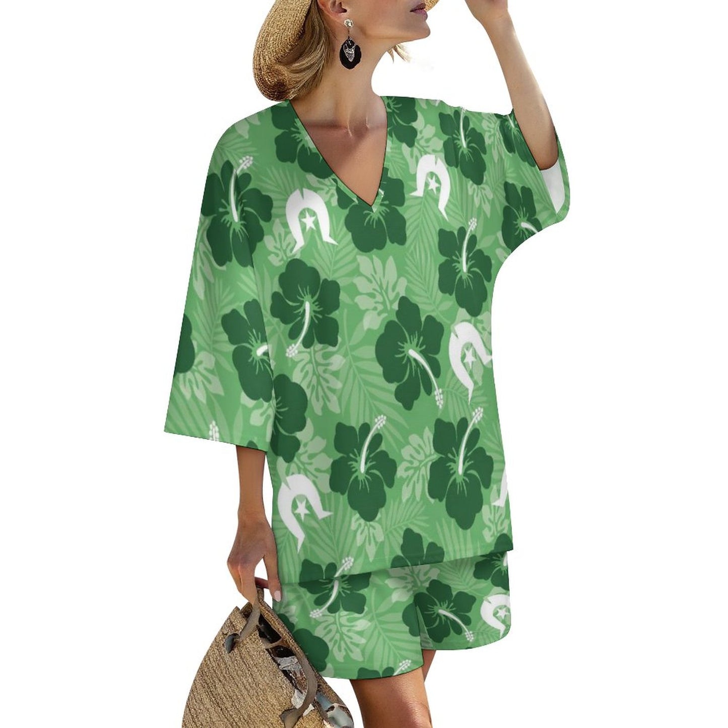 Hibiscus flowers with Dhari (Sea Grass Green) on Mediterranean Style V-Neck Suit