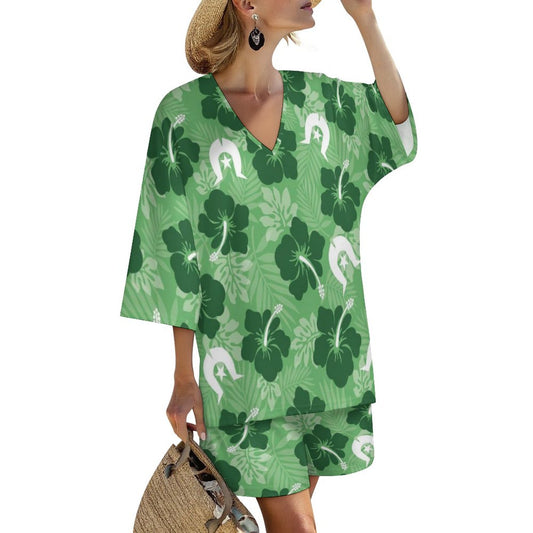 Hibiscus flowers with Dhari (Sea Grass Green) on Mediterranean Style V-Neck Suit