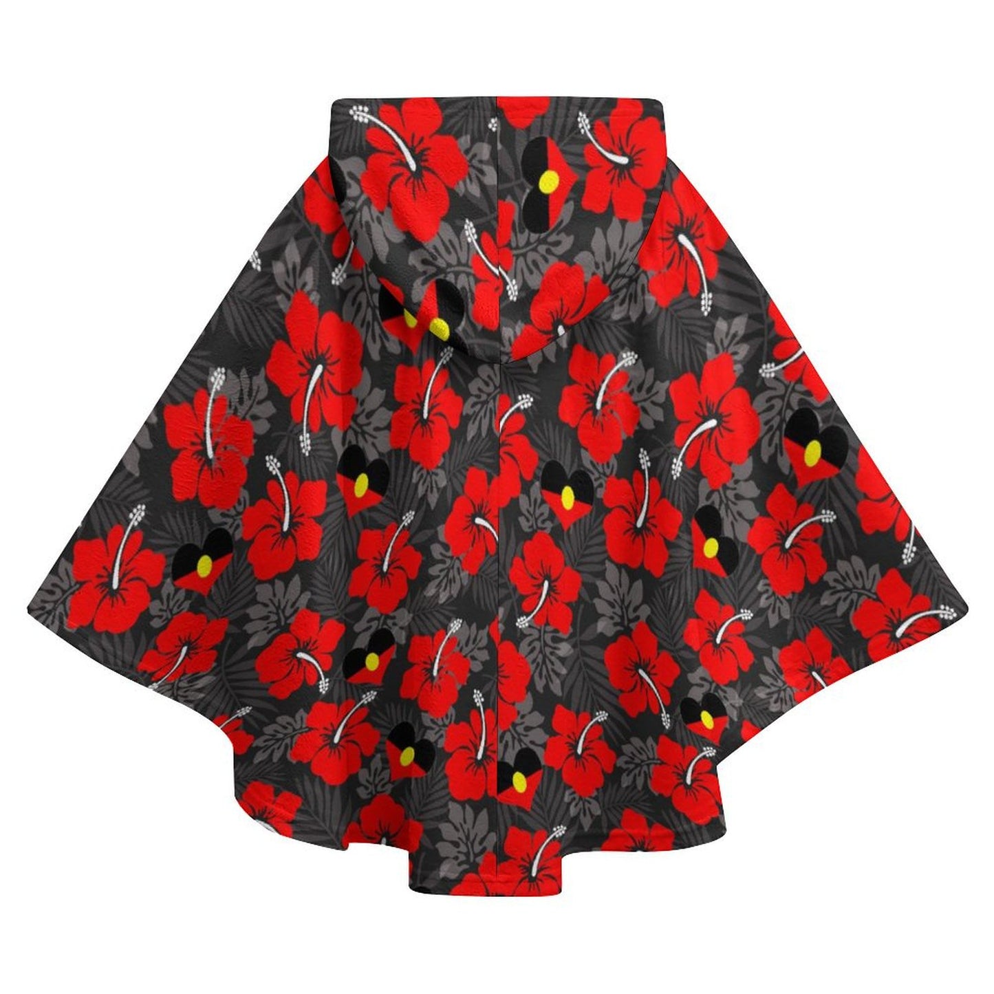 Royal Red Hibiscus and heart shaped Aboriginal flag on Fleece Hooded Cape for Adults