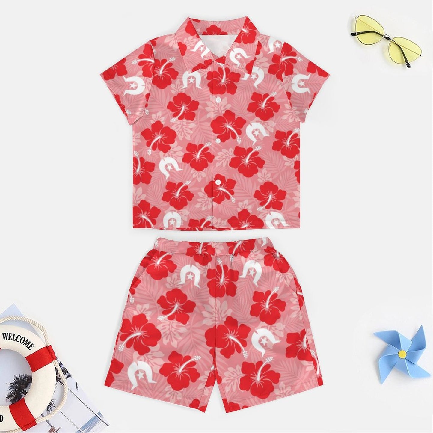 Hibiscus flowers with Dhari (Royal Pink) on Youth's/Kid's Casual Beach Outfit
