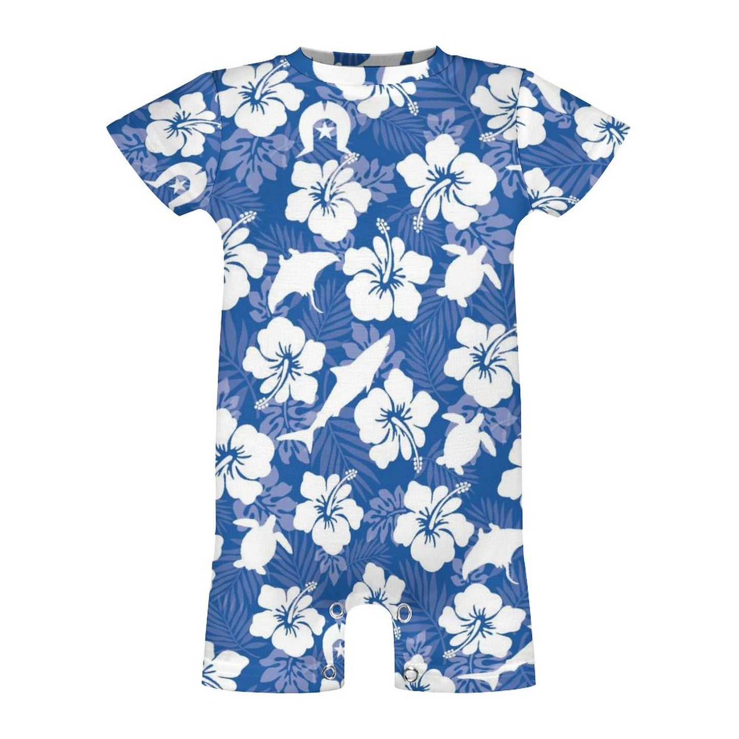 White hibiscus flowers with Dhari, Shark, turtle, and stingray (Blue) on Faux Cotton Short Sleeve Baby Bodysuit Romper