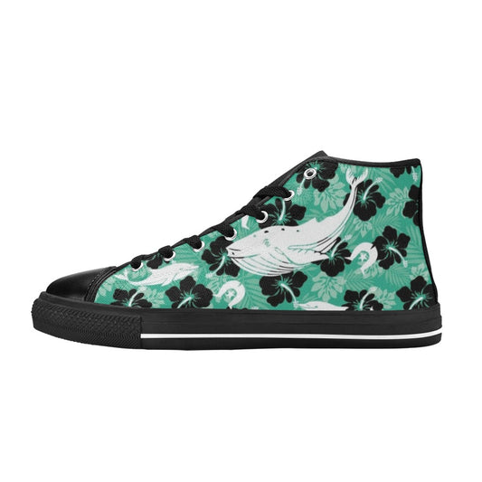 Black Hibiscus with Whale, Dolphin and Dhari on Women's High Top Canvas Shoes