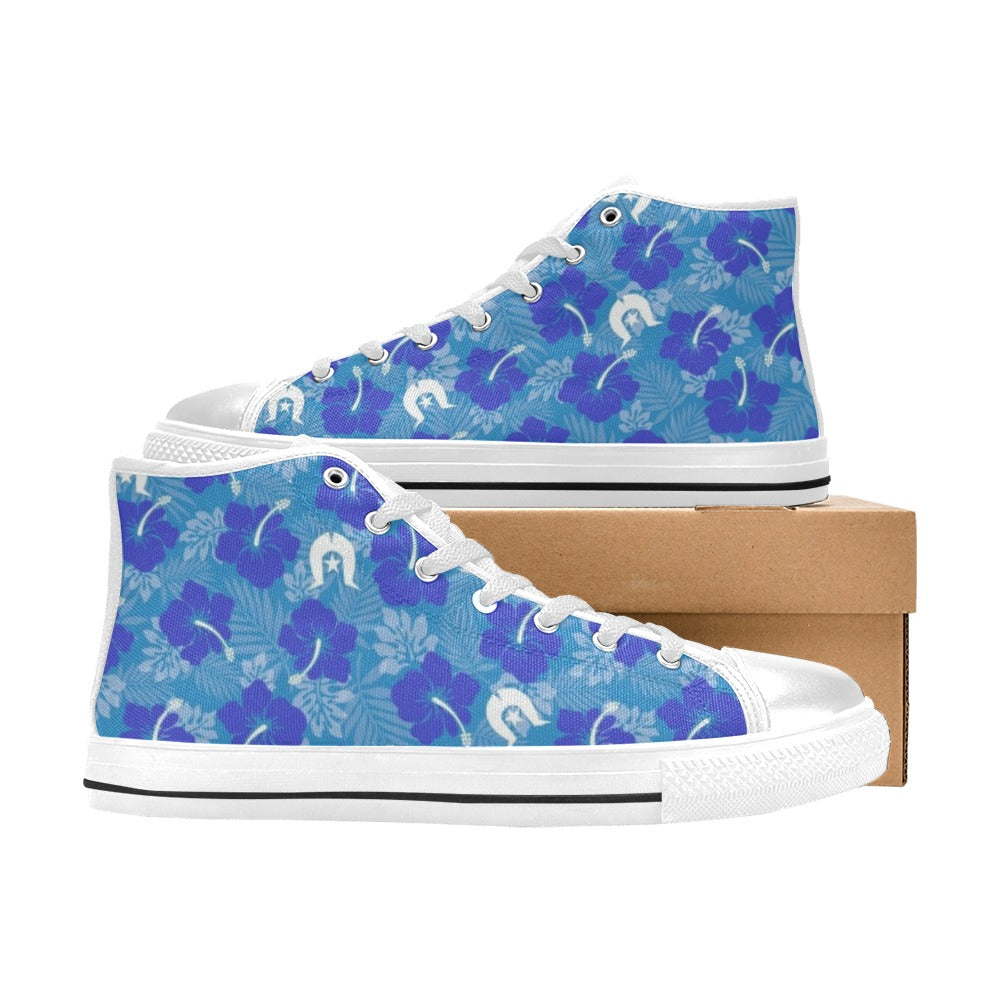 Hibiscus flowers with Dhari (Royal blue) on Women's High Top Canvas Shoes
