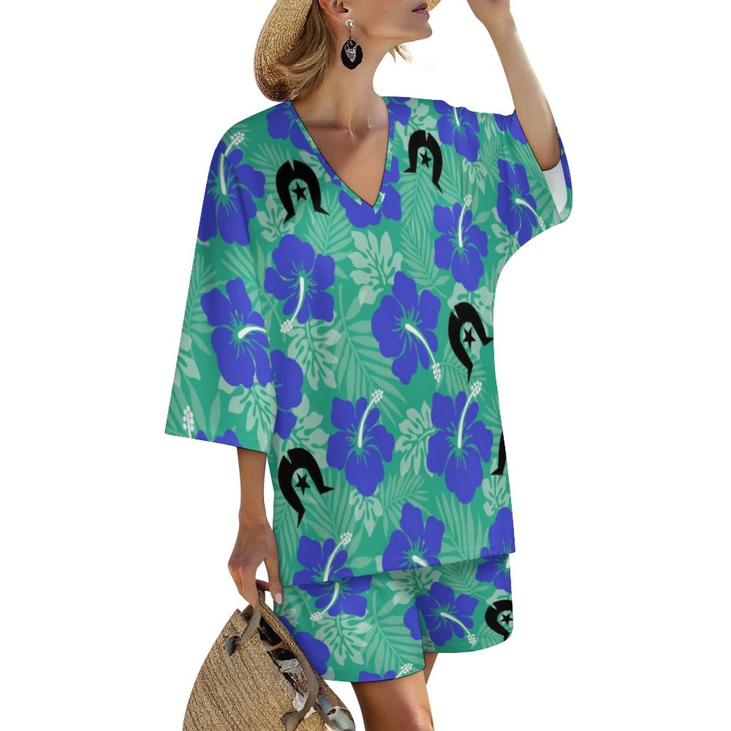 Royal Blue Hibiscus flowers with Black Dhari on  Mediterranean Style V-Neck Suit