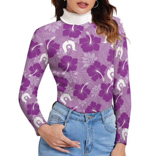 Hibiscus flowers with Dhari (Royal purple) on Women Long Sleeve Turtleneck Sweater