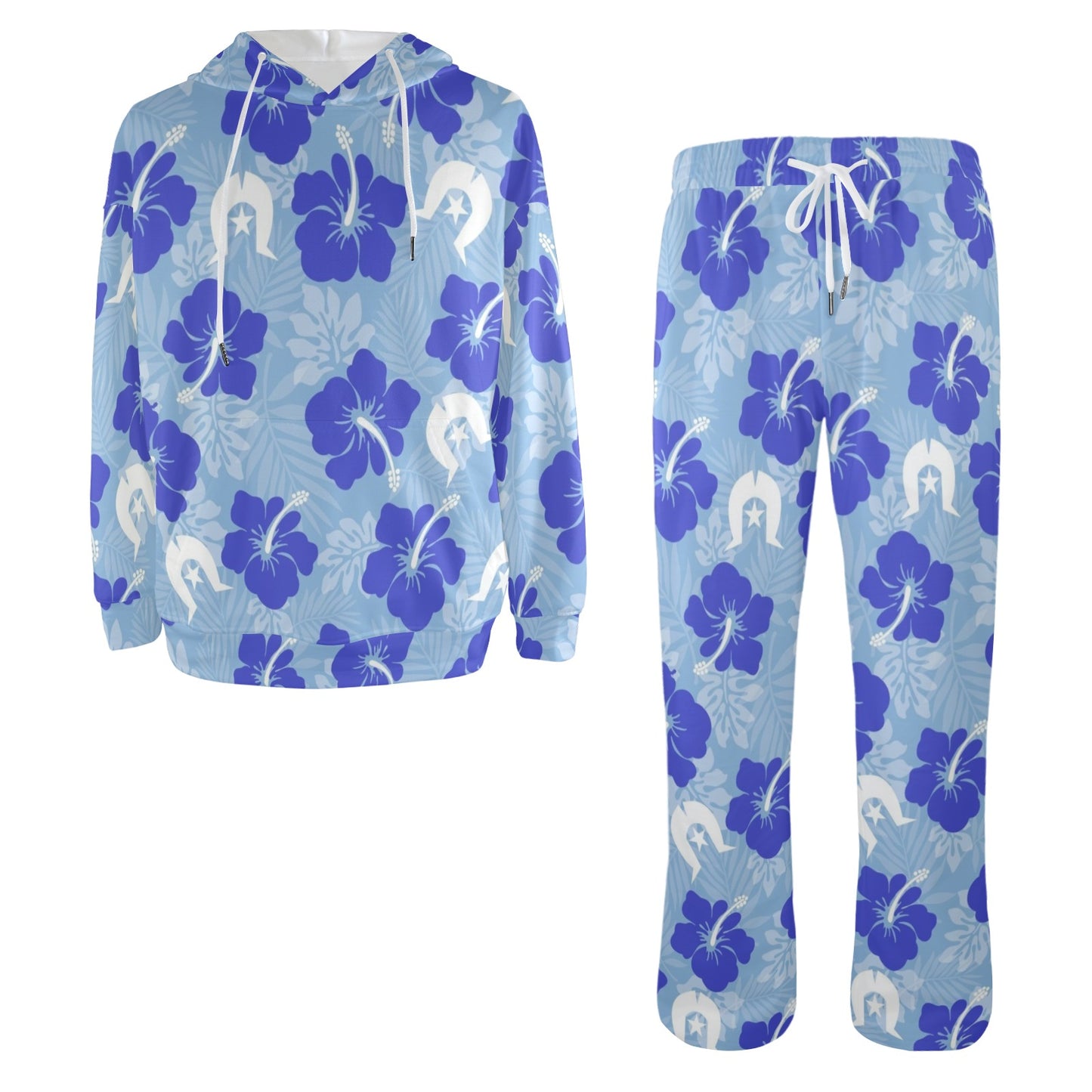 Hibiscus flowers with White Dhari (Sky blue) on Men's Streetwear Oversized Flared Tracksuit