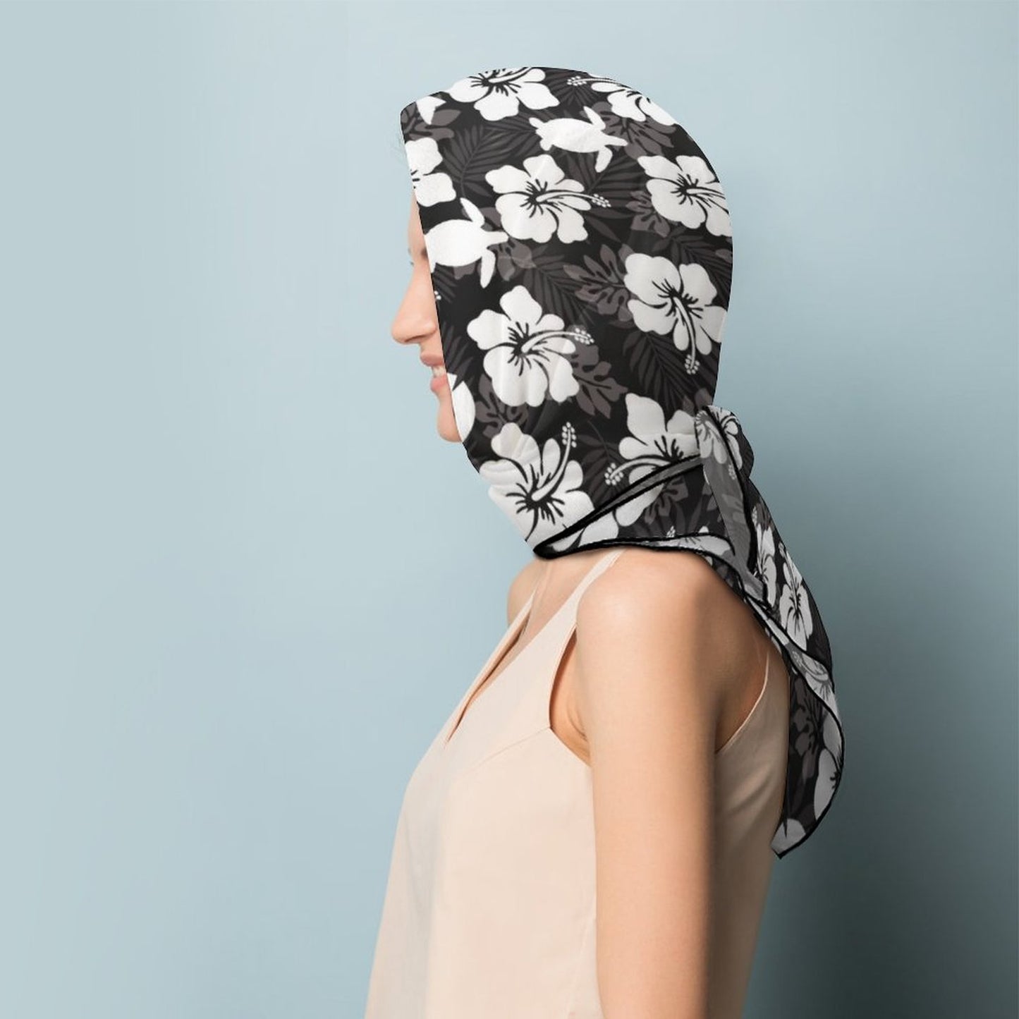 White Hibiscus flowers with Dugong, Turtle and Dhari (Black) on Women's Scarf