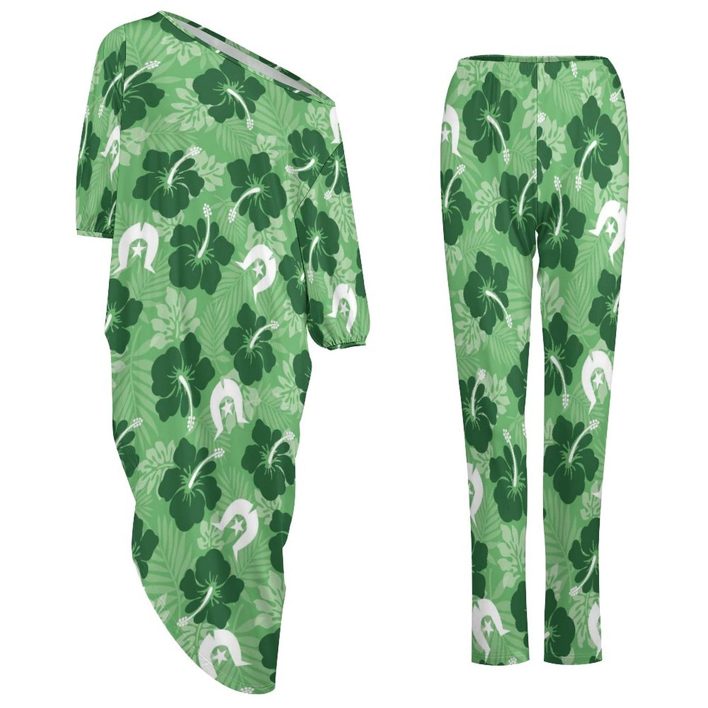 Hibiscus flowers with White Dhari (Sea Grass Green) on Diagonal Shoulder Two Piece Set