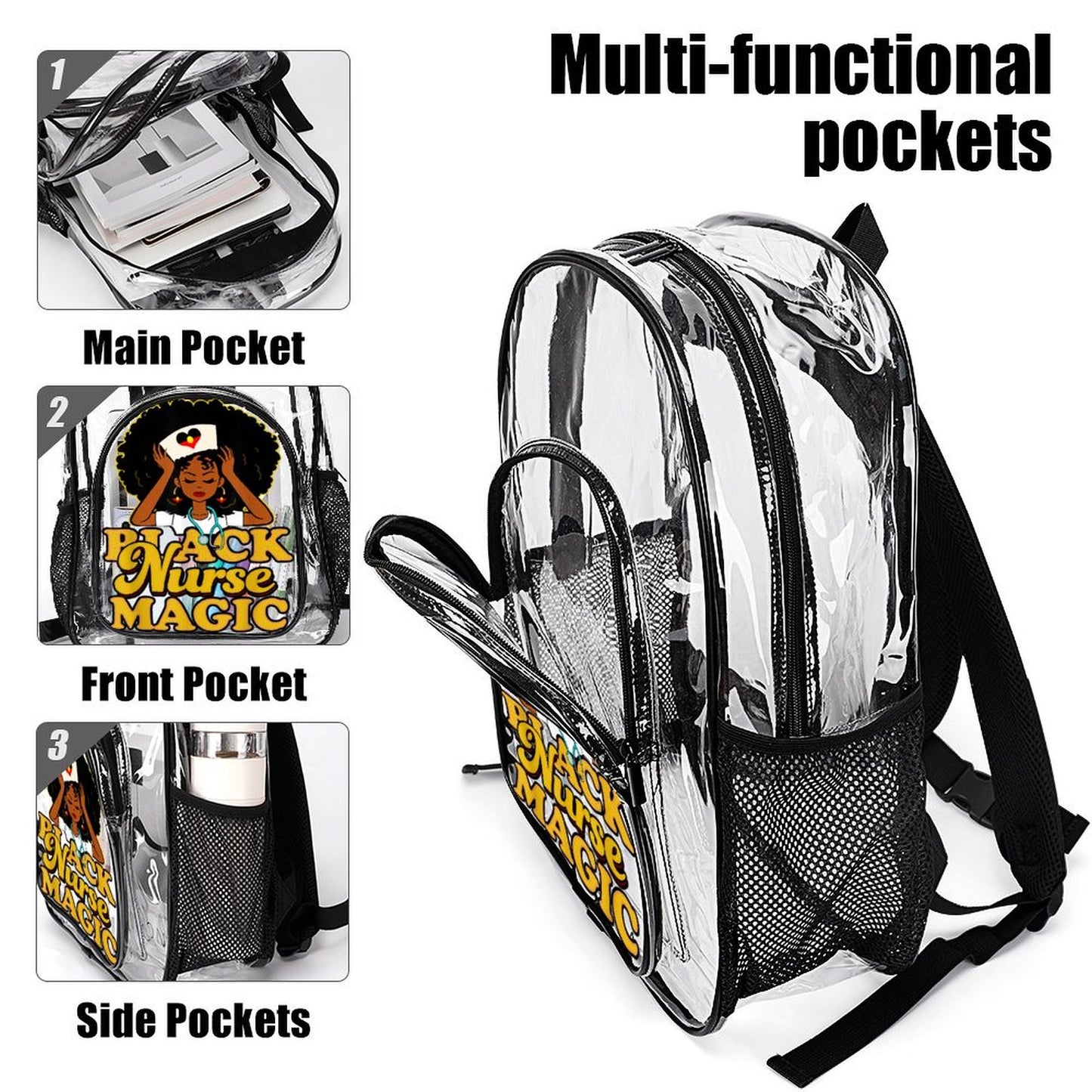 Black Nurse Magic with heart shaped Aboriginal flag on Clear Backpack