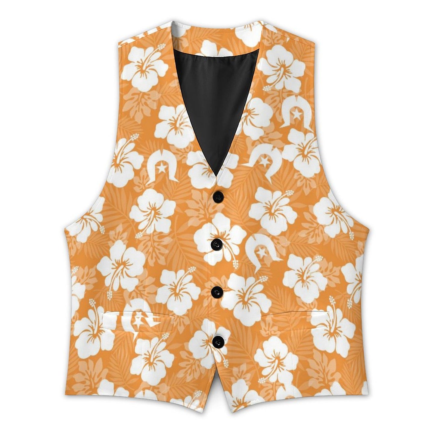 White Hibiscus flowers with Dhari (Orange) on Men's Sleeveless Suit Vest