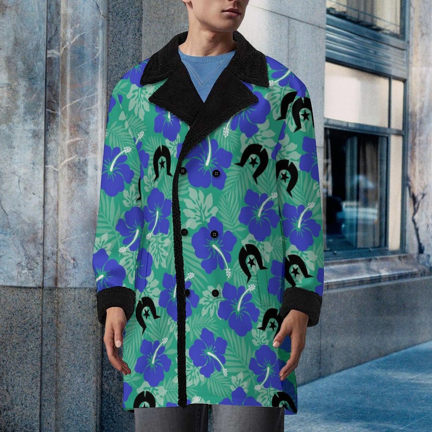 Royal Blue Hibiscus flowers with Black Dhari on Men's Double Breasted Coat
