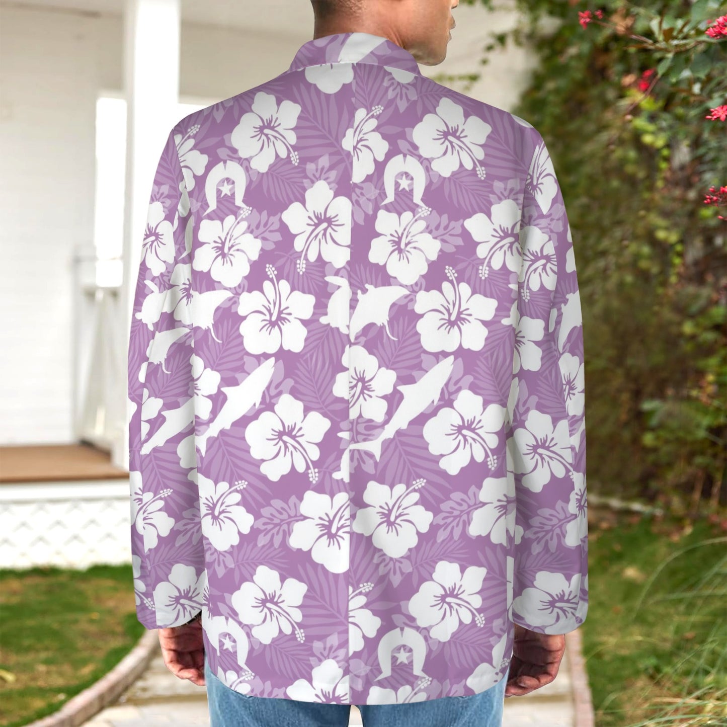 White hibiscus flowers with Dhari, Shark, turtle, and stingray (Purple) Men's Blazer