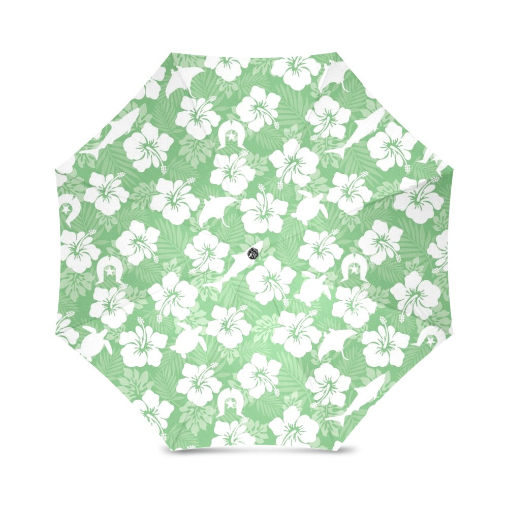 White hibiscus flowers with Dhari, Shark, turtle, and stingray (Green) on Foldable Umbrella