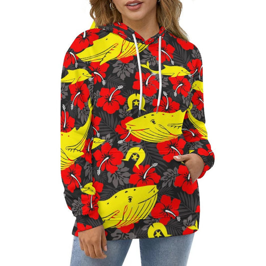 Royal Red Hibiscus with Yellow Dhari, Whale and Dolphin on Lady Hoodie with Double-layer Cap
