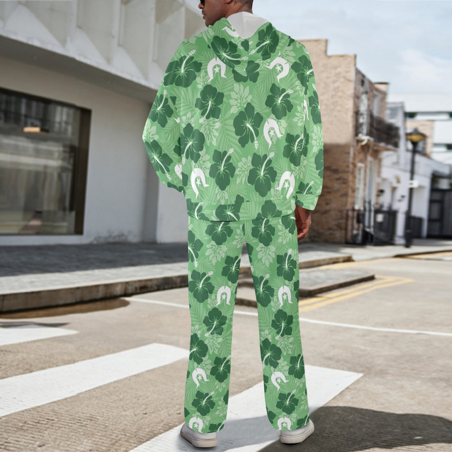 Hibiscus flowers with Dhari (Sea Grass Green) on Men's Streetwear Oversized Flared Tracksuit