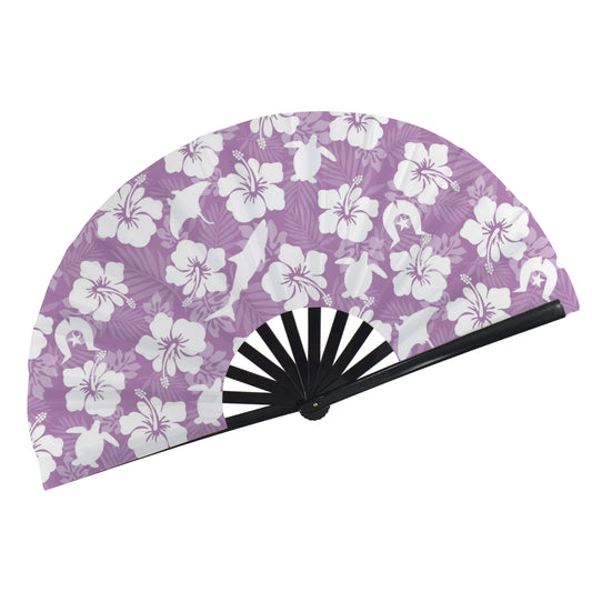 White hibiscus flowers with Dhari, Shark, turtle, and stingray (Purple) on Folding Clack Fan