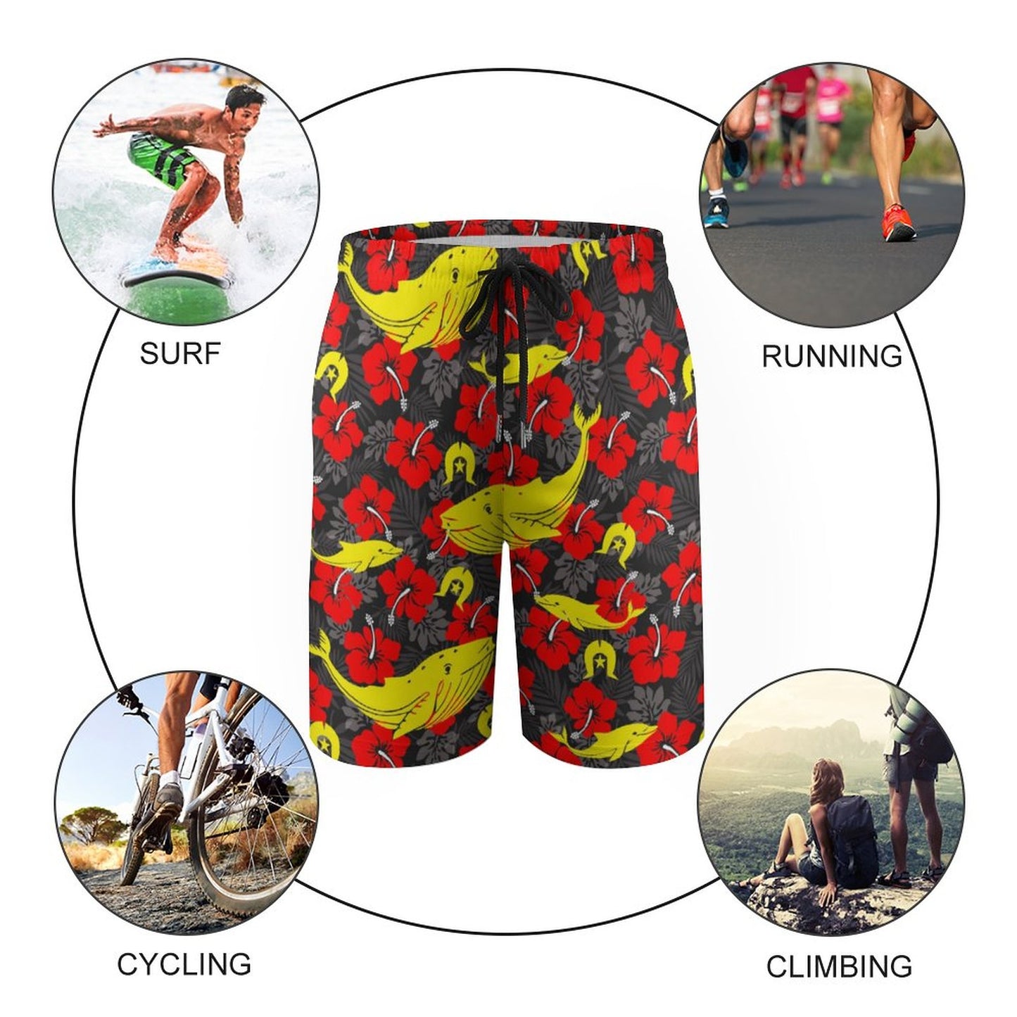 Royal Red Hibiscus with Yellow Dhari, Whale and Dolphin on Kid's Beach Pants