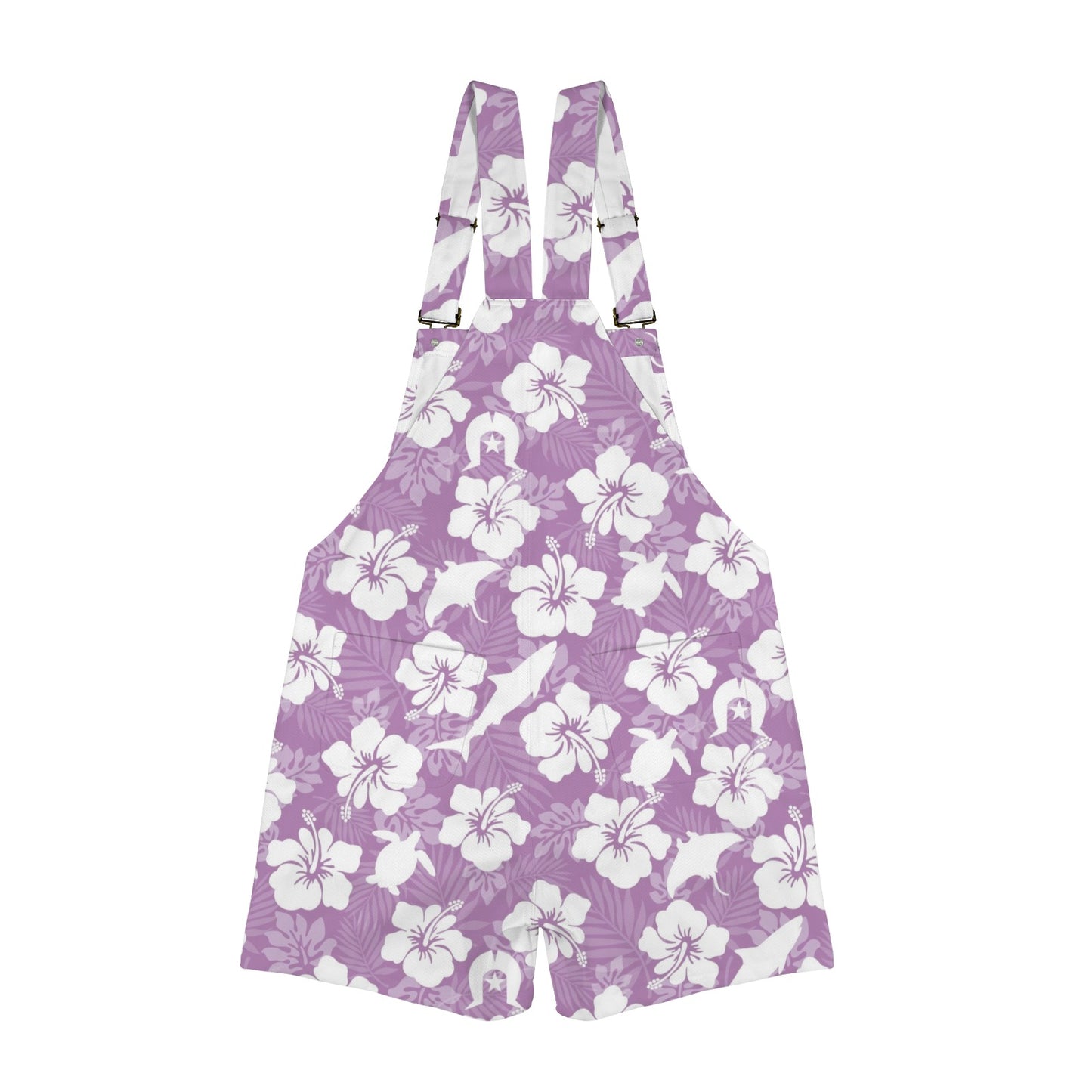 White hibiscus flowers with Dhari, Shark, turtle, and stingray (Purple) on Unisex Suspender Jumpsuit Unisex