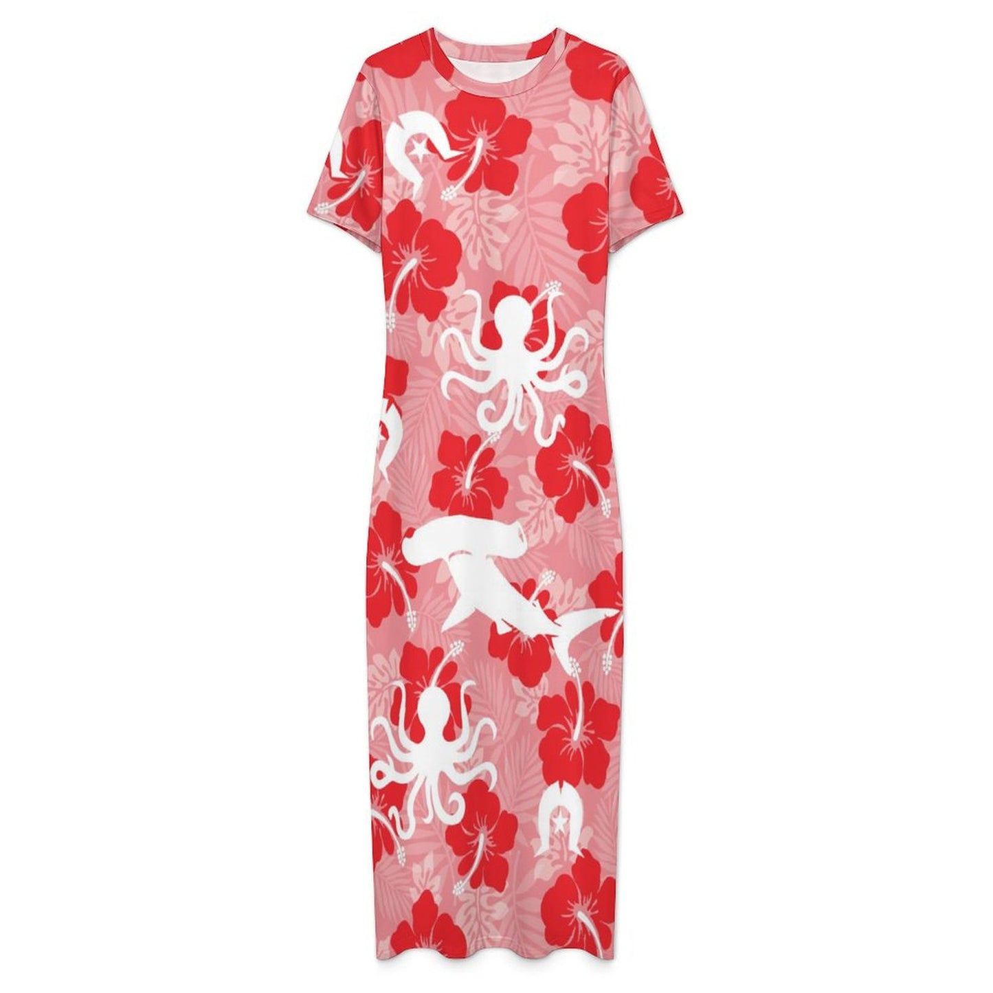 Red Hibiscus with Shark, Octopus and Dhari on Short Sleeve Bodycon Maxi Dress