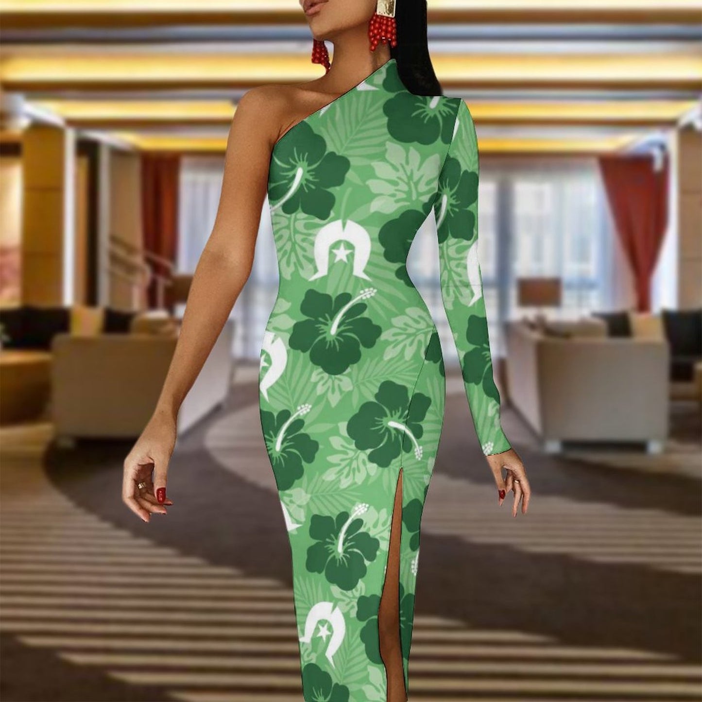 Hibiscus flowers with Dhari (Sea Grass Green) on One Shoulder Split Dress BIQ
