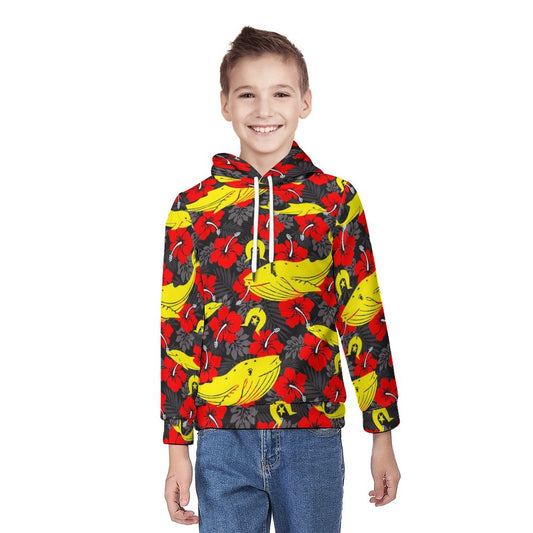 Royal Red Hibiscus with Yellow Dhari, Whale and Dolphin on Youth's Hoodie