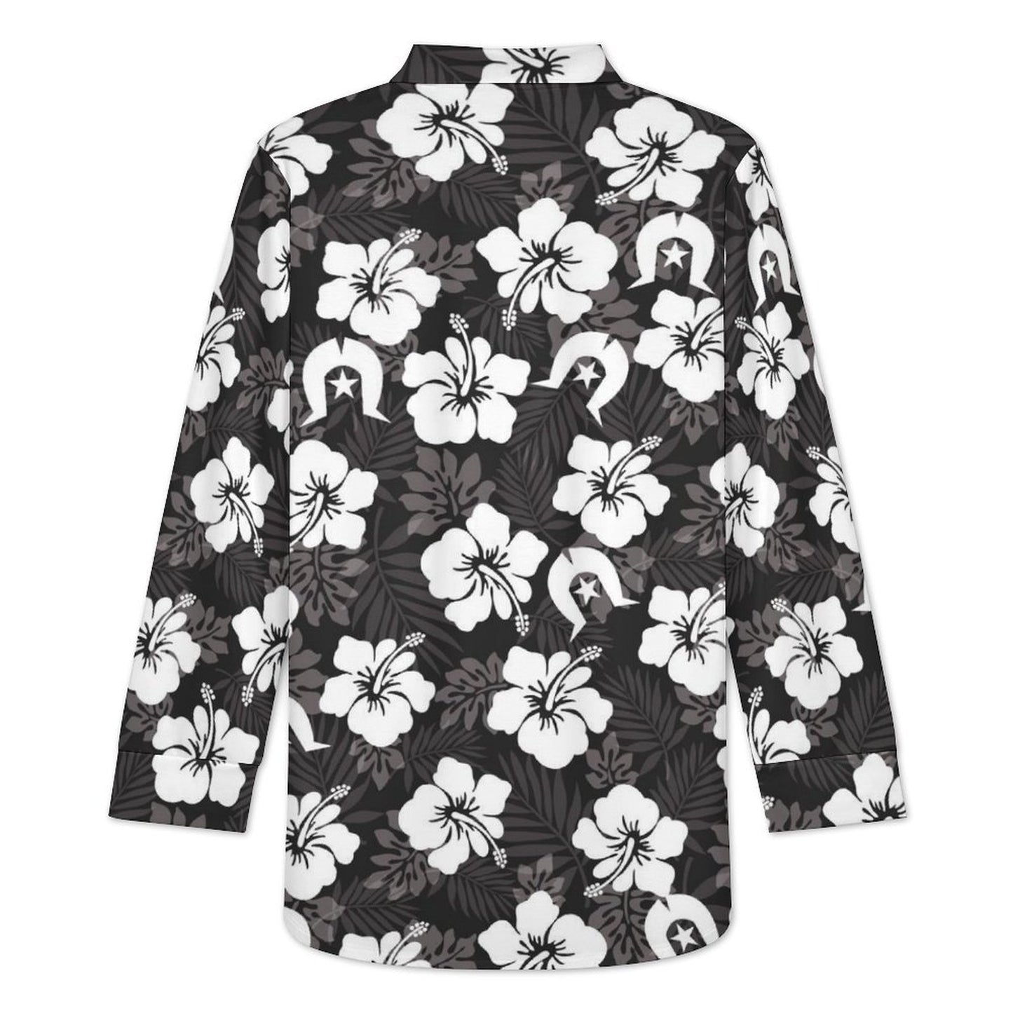 White Hibiscus and Dhari (Black) on Women's Long Sleeve Shirt Dress