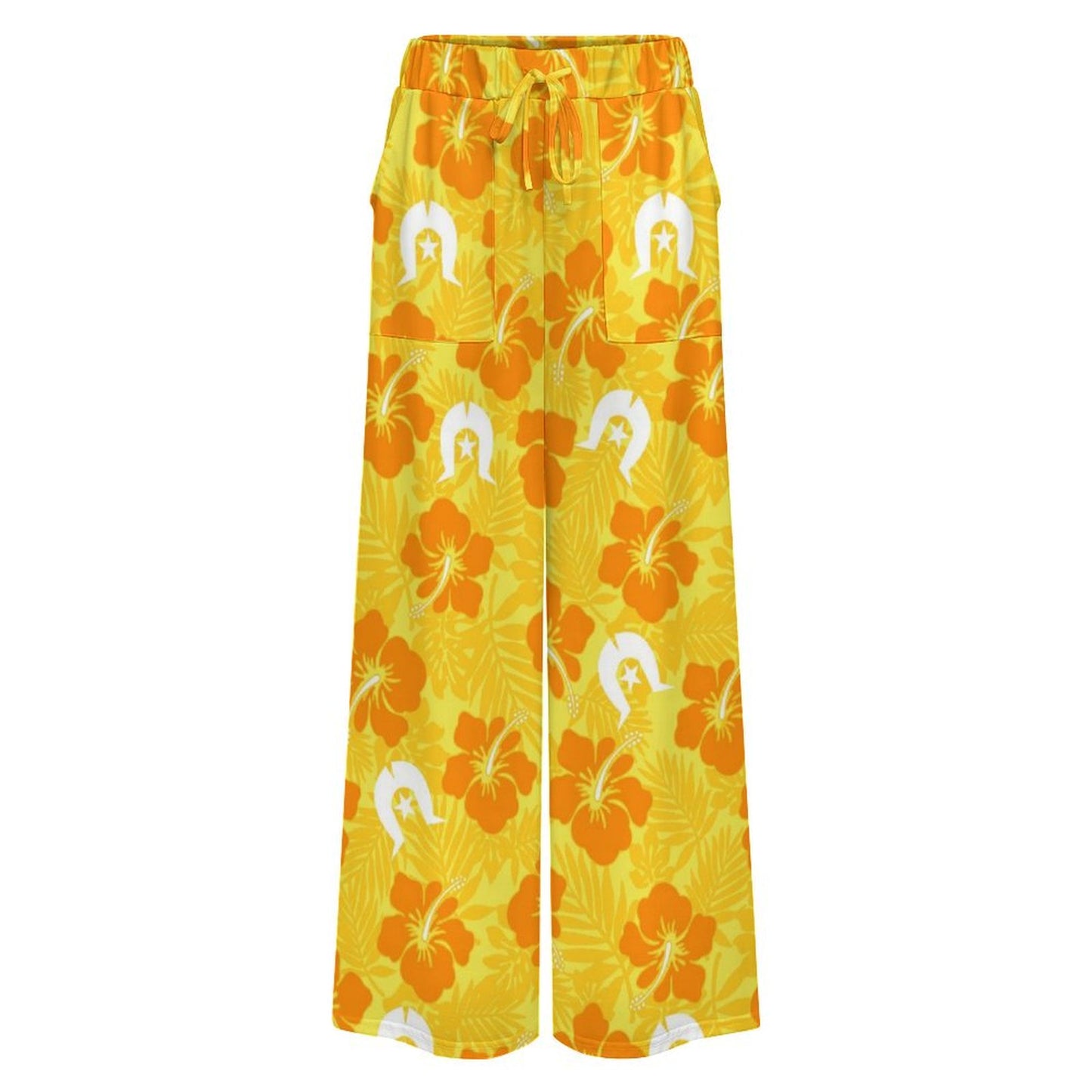 Hibiscus flowers with Dhari (Gold) on Women’s Wide-Leg Pants