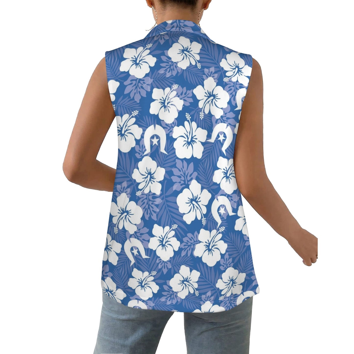 White Hibiscus flowers with Dhari (Blue) on Women Sleeveless Suit Vest