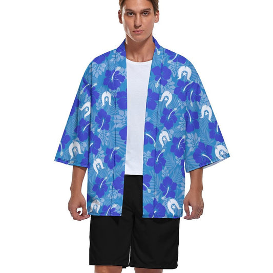 Hibiscus flowers with Dhari (Royal blue) on Drop Shoulder Male Kimono Cardigan