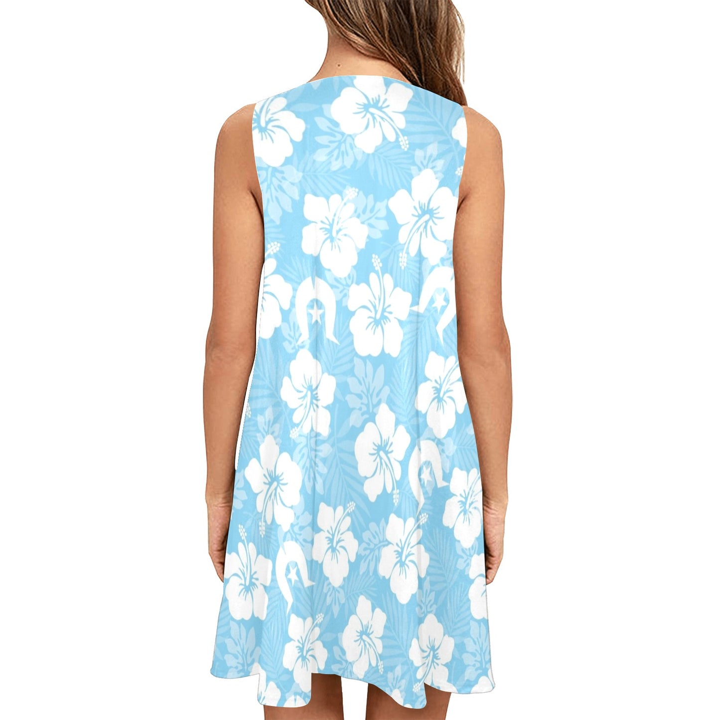 White hibiscus and Dhari (Blue) on Sleeveless Tank Dress with Pockets