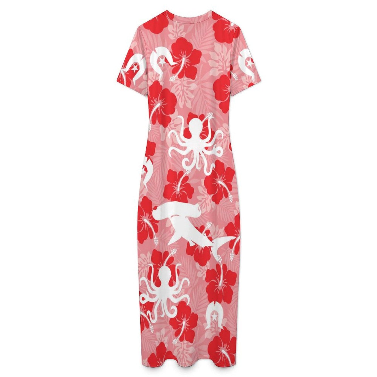 Red Hibiscus with Shark, Octopus and Dhari on Short Sleeve Bodycon Maxi Dress
