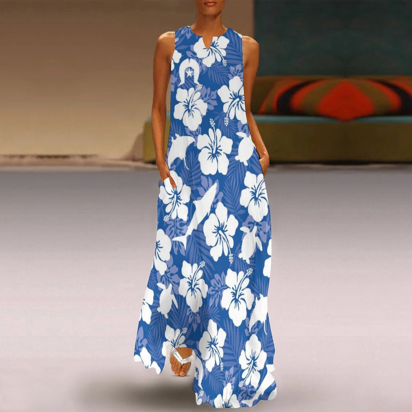 White hibiscus flowers with Dhari, Shark, turtle, and stingray on Sleeveless Ankle-length Dress