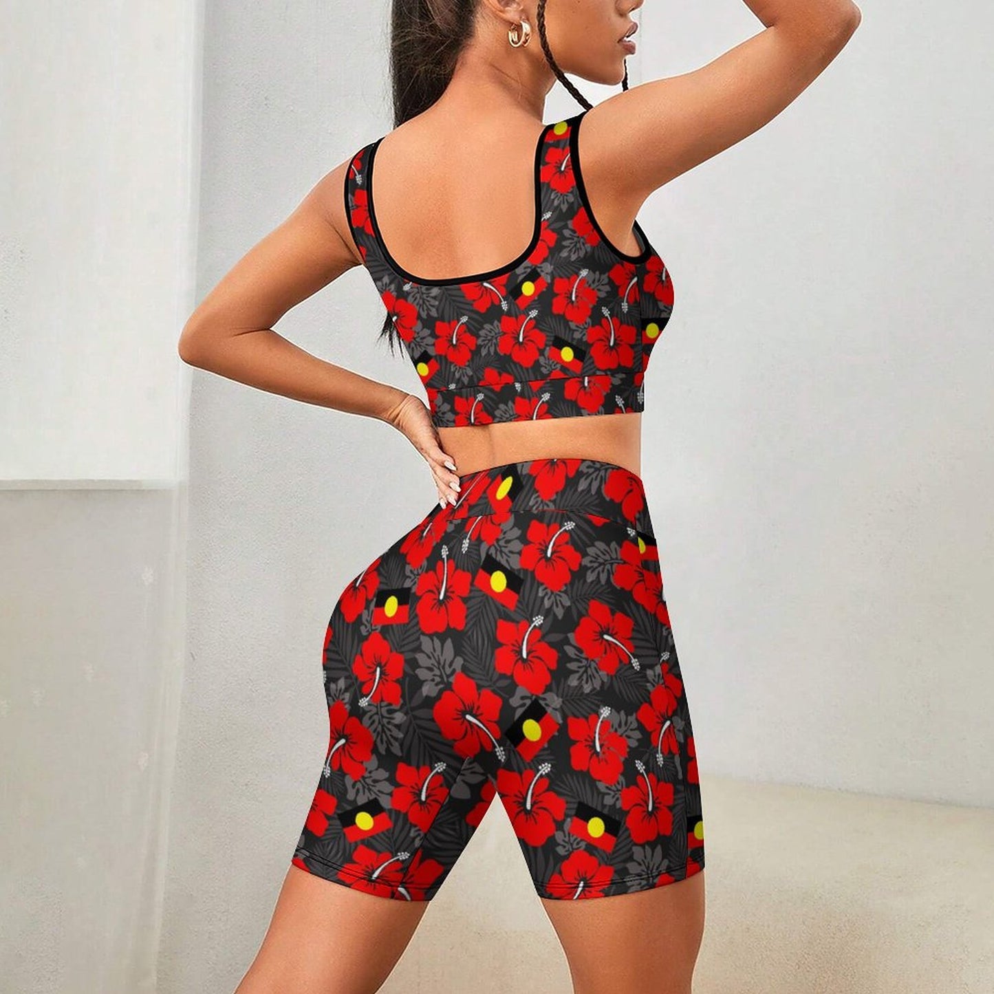 Royal Red Hibiscus with Aboriginal Flag on Yoga Workout Outfits