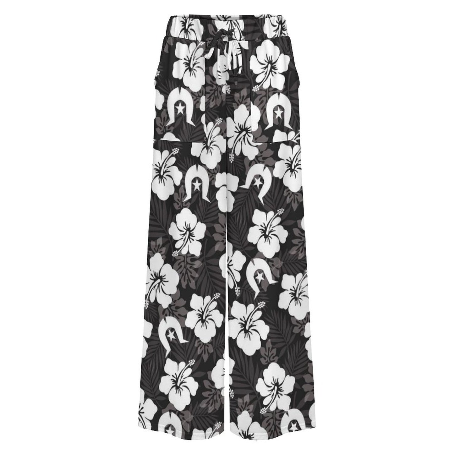 White Hibiscus and Dhari (Black) on Women’s Wide-Leg Pants