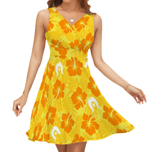 Hibiscus flowers with Dhari (Gold) on Sleeveless V Neck Dress