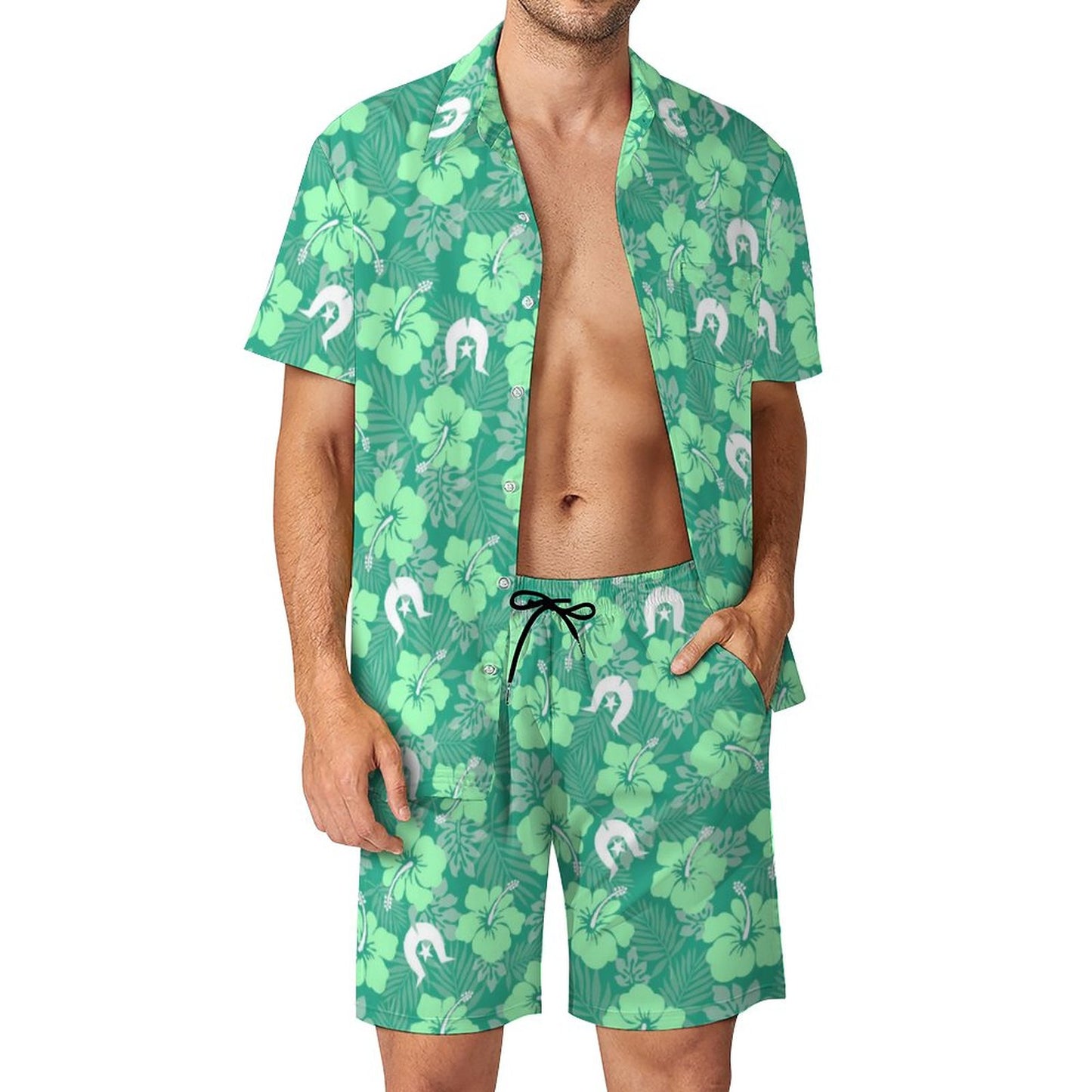Hibiscus flowers with Dhari (Royal mint) on Hawaiian Suits for Men