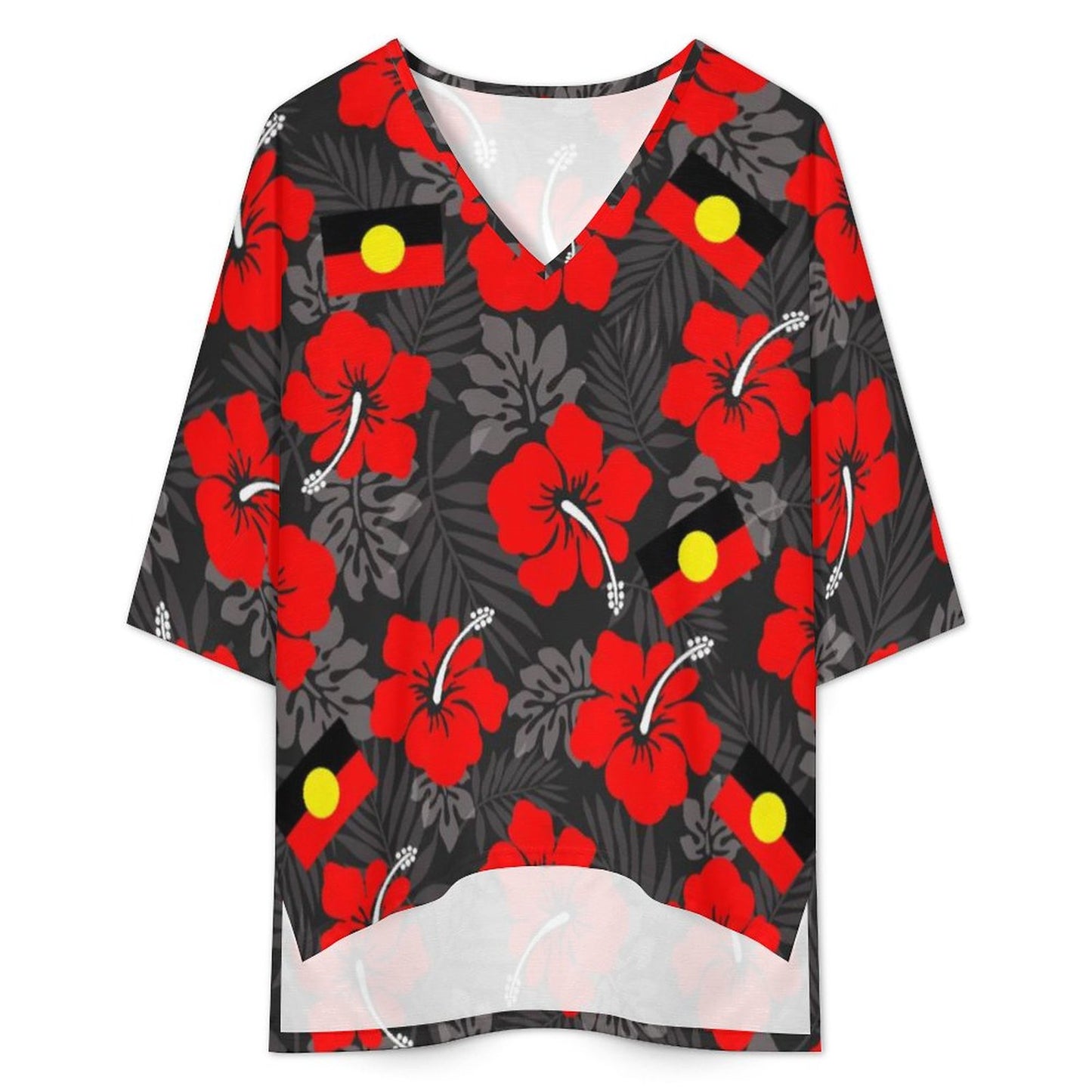 Royal Red Hibiscus flowers with Aboriginal flag on Mediterranean Style V-Neck Suit