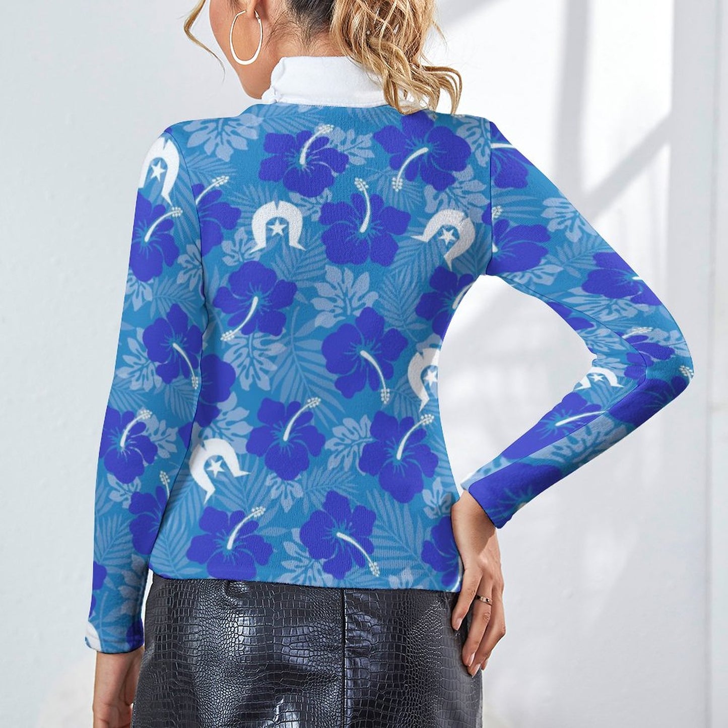 Hibiscus flowers with Dhari (Royal blue) on Women Long Sleeve Turtleneck Sweater