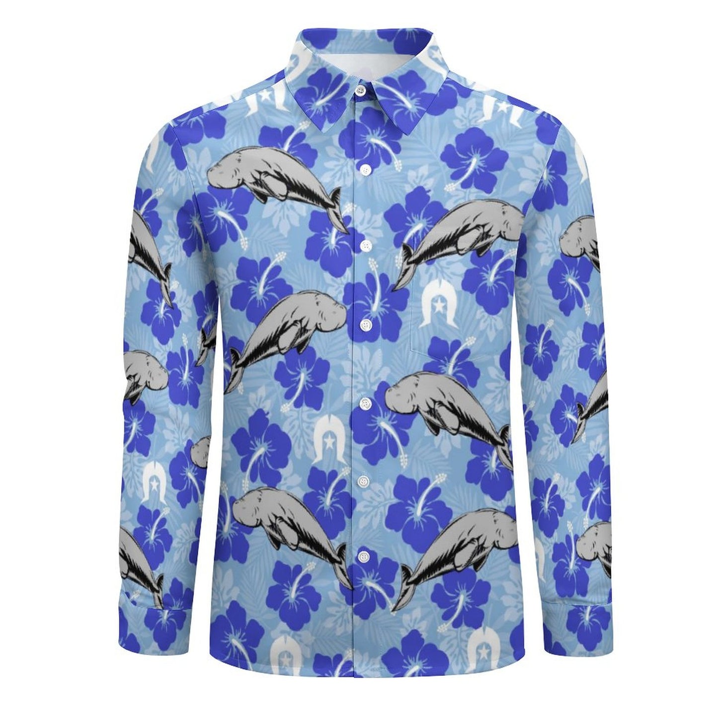 Hibiscus flowers with Dugong and Dhari (Sky blue) on Men Long Sleeve Shirt