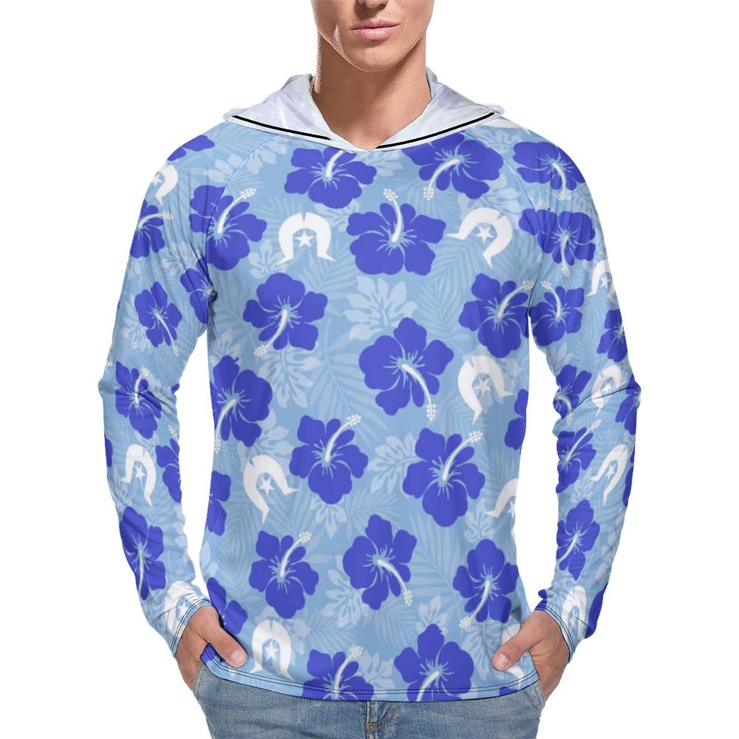Hibiscus flowers with White Dhari (Sky blue) on Men's UPF 40+ Sun Protection Fishing Shirt