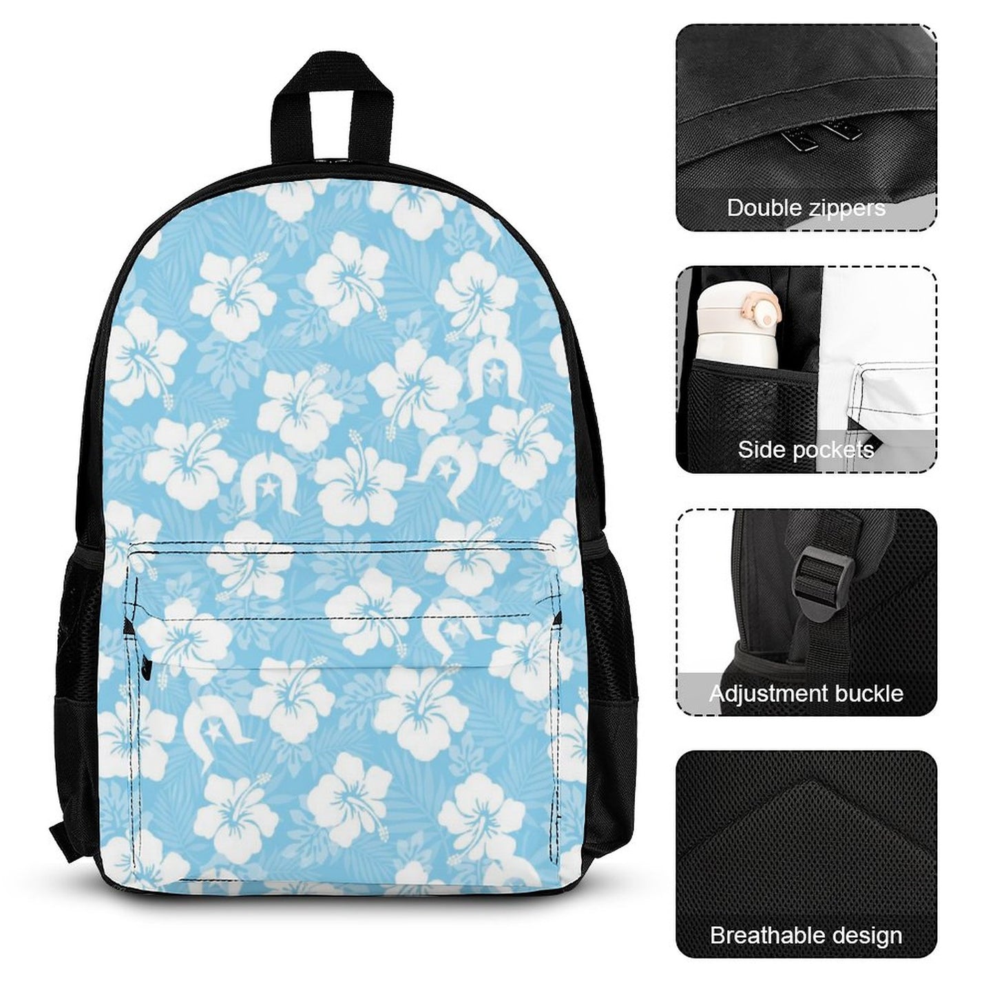 White Hibiscus and Dhari (Blue) on Set of 3 Bags (Shoulder Bag Lunch Bag & Pencil Pouch)