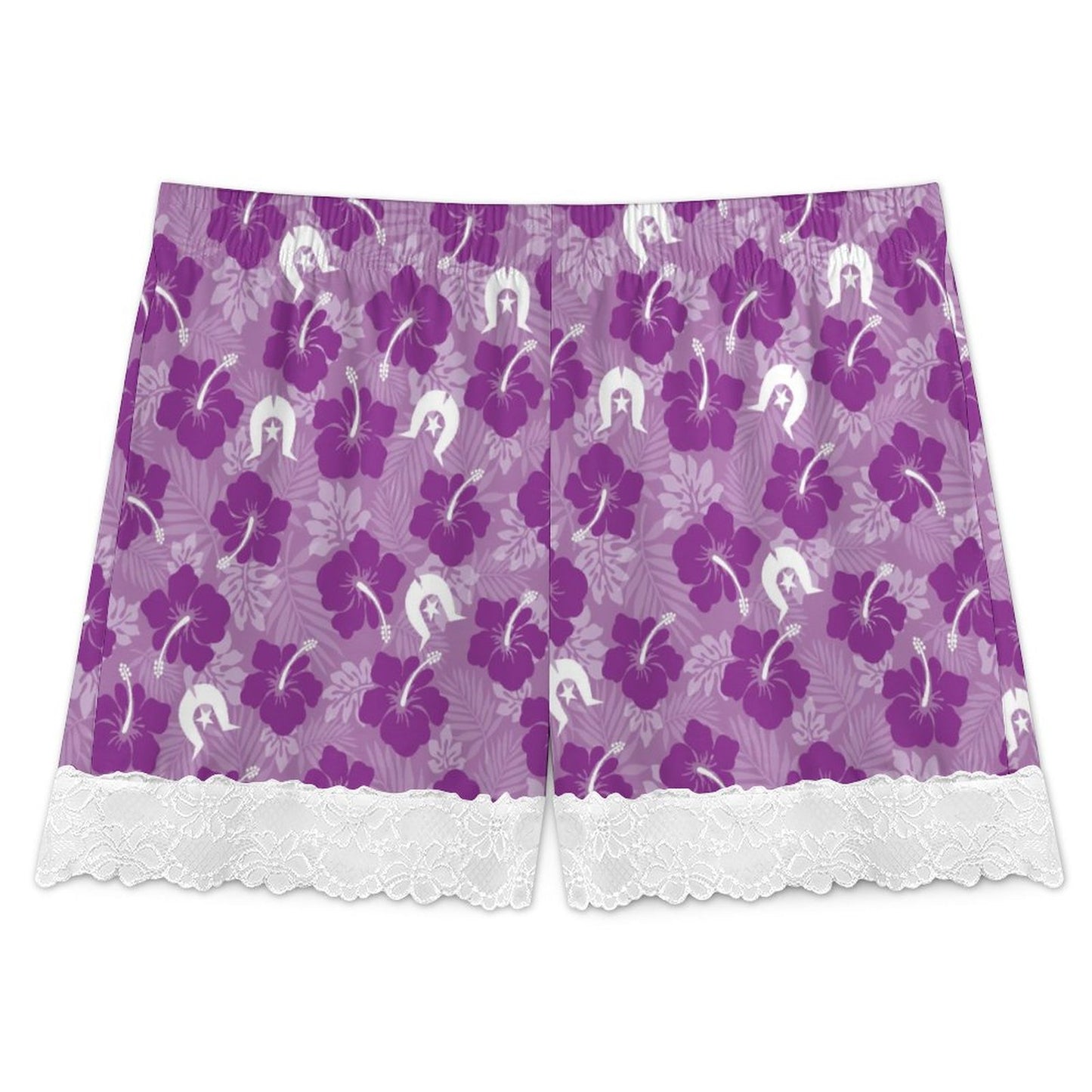 Hibiscus flowers with Dhari (Royal purple) on 200gsm Women's Lace Trim Pajama Shorts