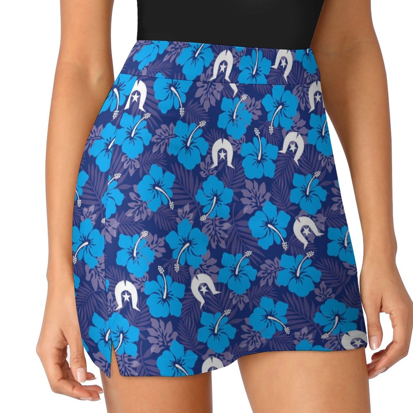Hibiscus flowers with White Dhari (Royal blue)  on Anti-peep Skort with Pocket AMQ