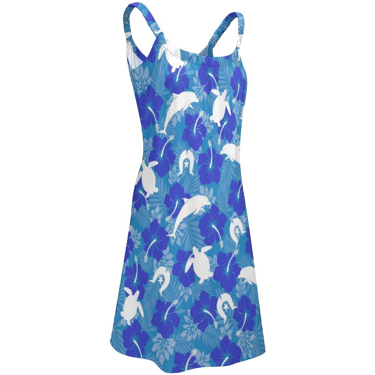 White Hibiscus flowers with Dolphin, Turtle and Dhari (Royal blue) on Sleeveless Dress