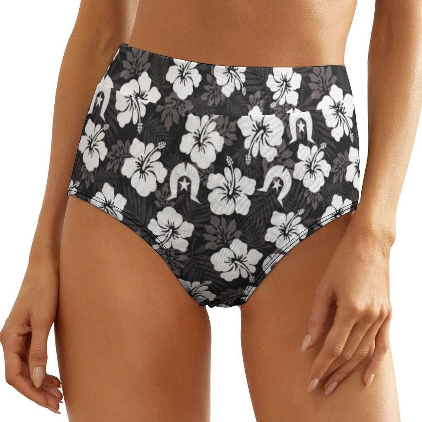 White Hibiscus and Dhari (Black) on Women's High-Rise Panties