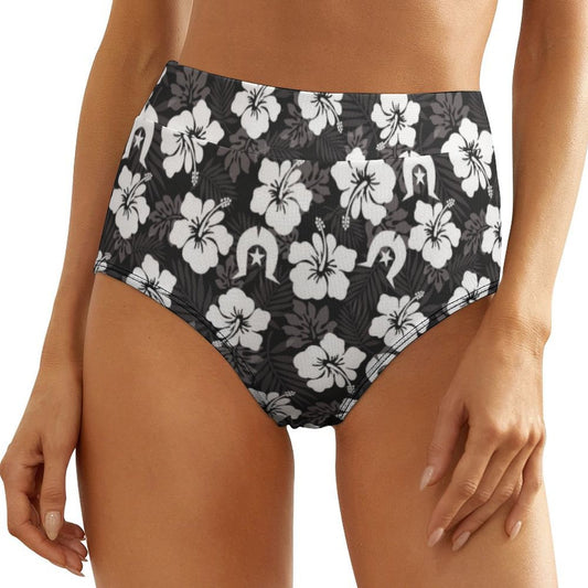 White Hibiscus and Dhari (Black) on Women's High-Rise Panties